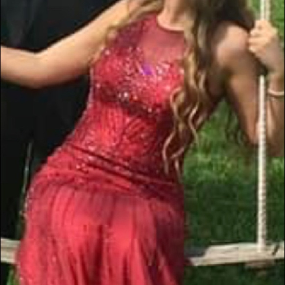 Red fitted prom dress with embroidered jewels